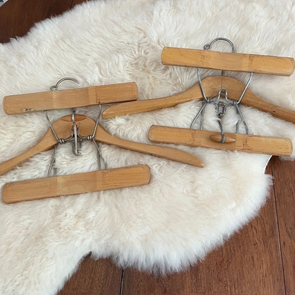 2 Vintage Wooden Suit Hangers with Trouser Clamps, Branded Mid Century Decor
